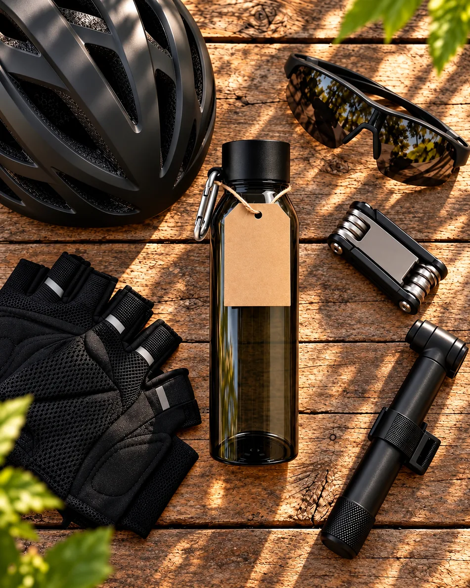 Selección de productos deportivos y promocionales sin marca, como casco, botella, lentes y accesorios, sobre madera